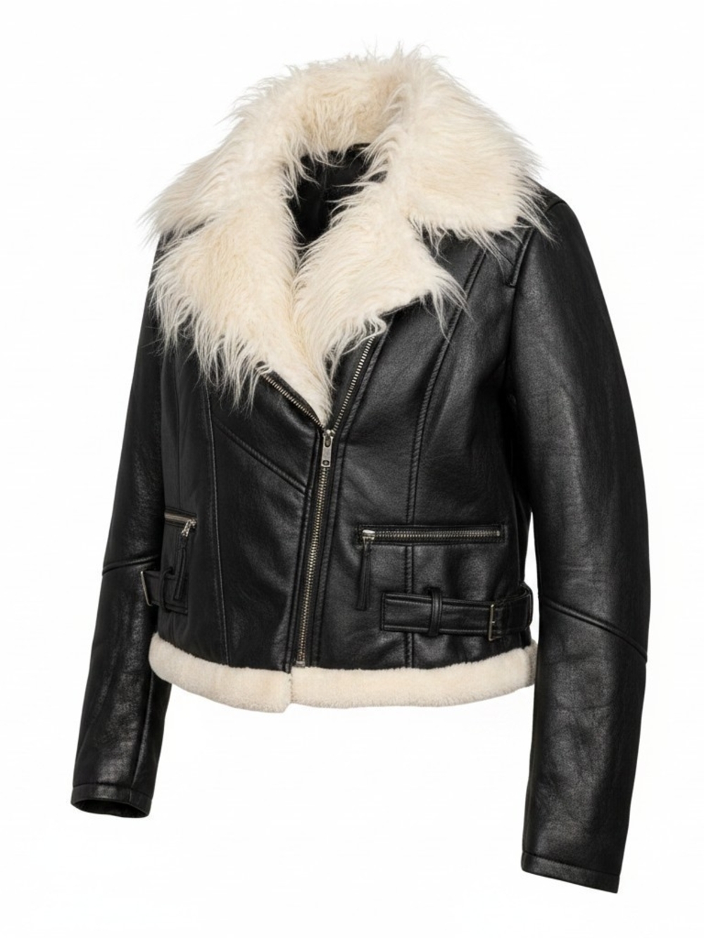 Black Faux Leather Bomber Jacket with Cream Faux Fur Collar